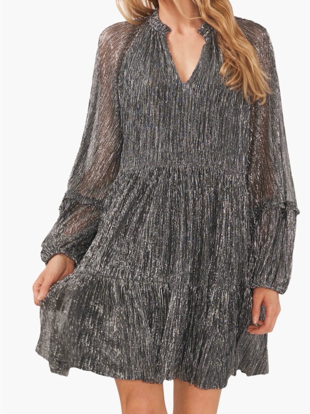 1. State Silver Metallic Tiered Midi Dress